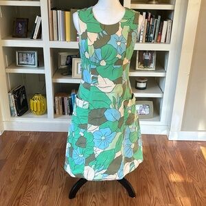 Boden Green and Blue Floral Retro Pocket Sleeveless Shift Dress Size 6 Long